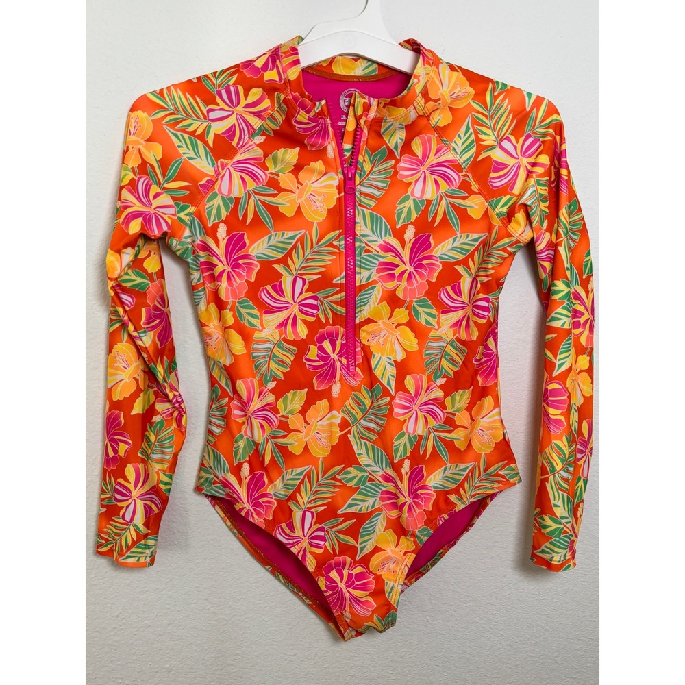 Wonder Nation Girls Orange Tropical Hibiscus Long Sleeve Swimsuit XL 14-16